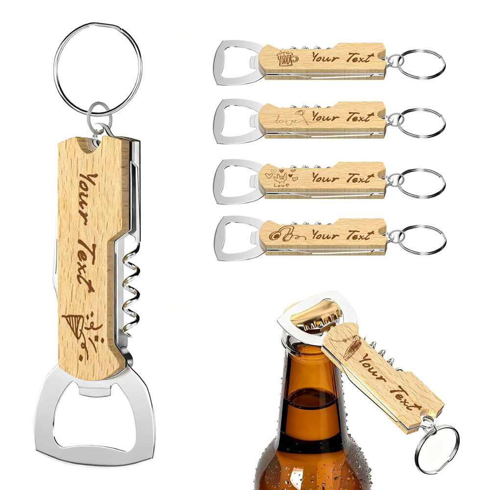 Wine In Beer Bottle - Individuell gravierter Logo-Flaschenöffner-Schlüsselanhänger für Hochzeitsgeschenke, Weingereile,